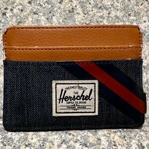 USED Indigo Denim Red Stripe Herschel Wallet RFID Charlie Card Holder ID Unisex